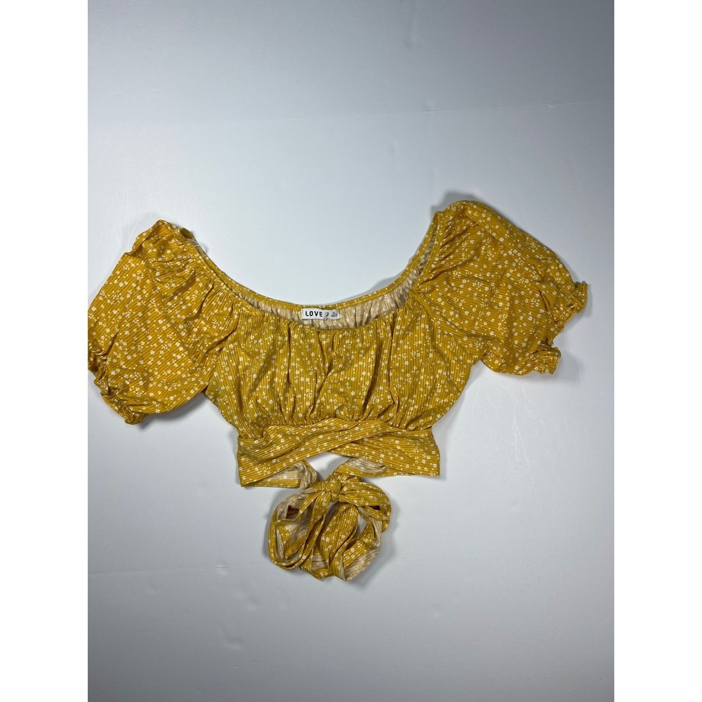 Love J Crop Top XL Yellow Floral Ribbed Puff Sleeve Tie Waist Cottagecore Girly